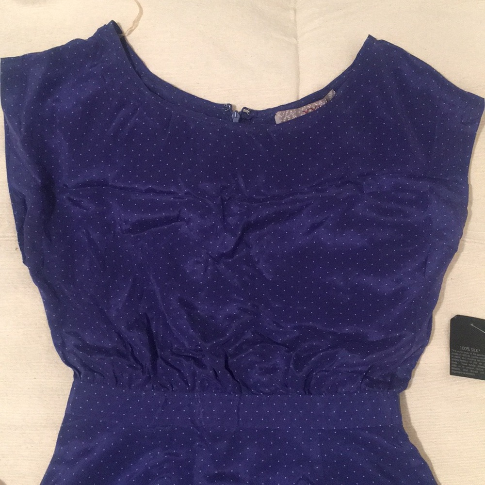 Blue and white polka dot mini dress zip pockets